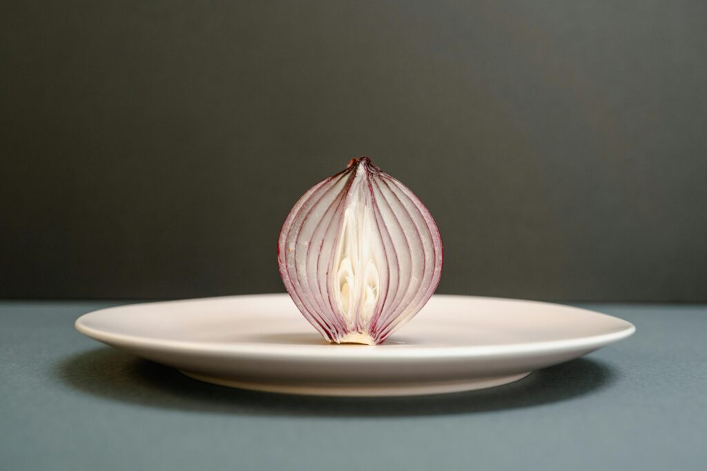 food processor and different sweet onion varieties on a kitchen counter