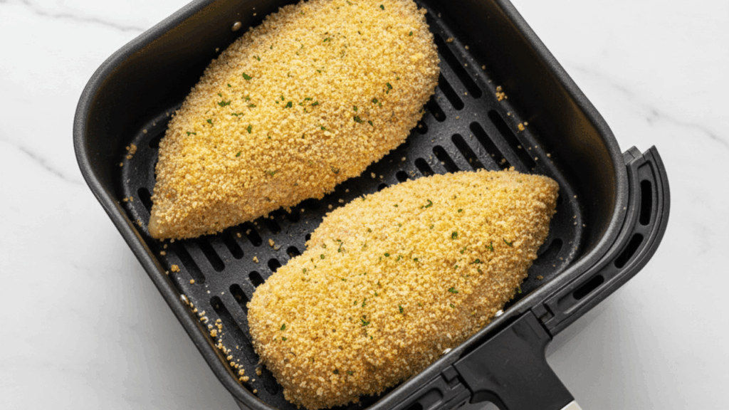 seasoned chicken breasts arranged in single layer in air fryer basket
