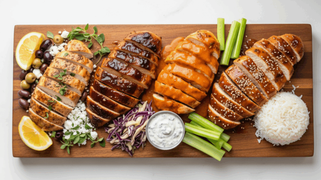different flavored air fryer chicken breasts served with various sides