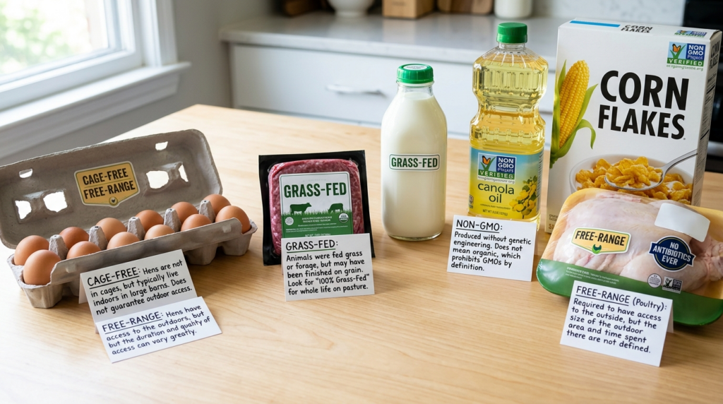 Non-GMO, grass-fed, free-range, cage-free decoded