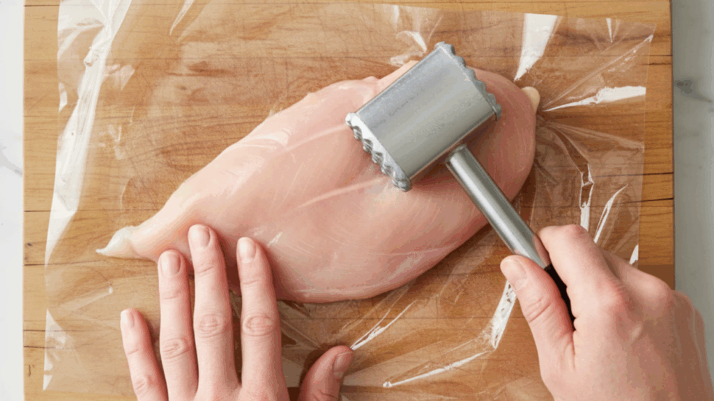 pounding chicken breast with meat mallet between plastic wrap