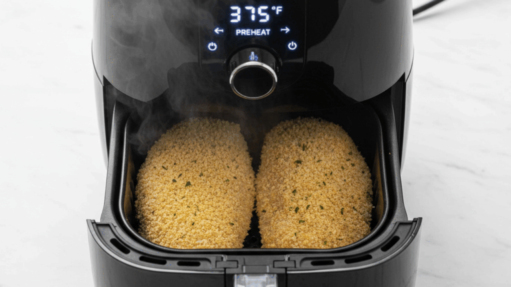 air fryer set to 375°F preheating on kitchen counter