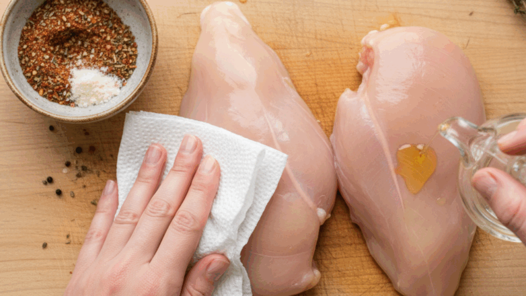 chicken breasts on cutting board being patted dry with paper towels