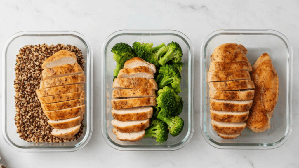 meal prepped air fryer chicken breasts in glass containers with vegetables