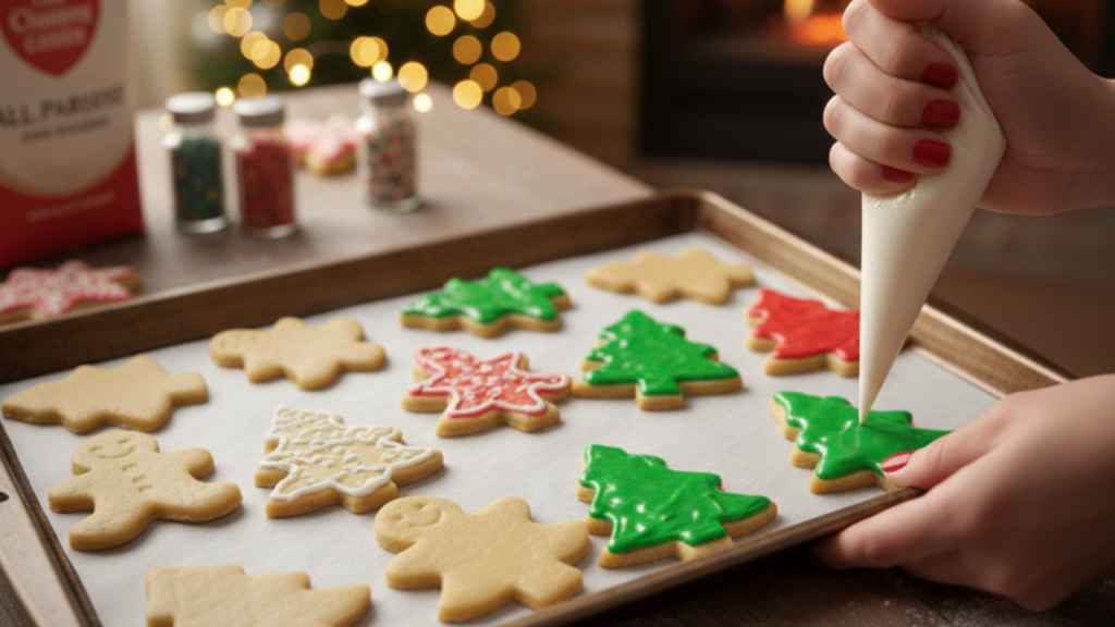 Decorating Christmas cookies with royal icing