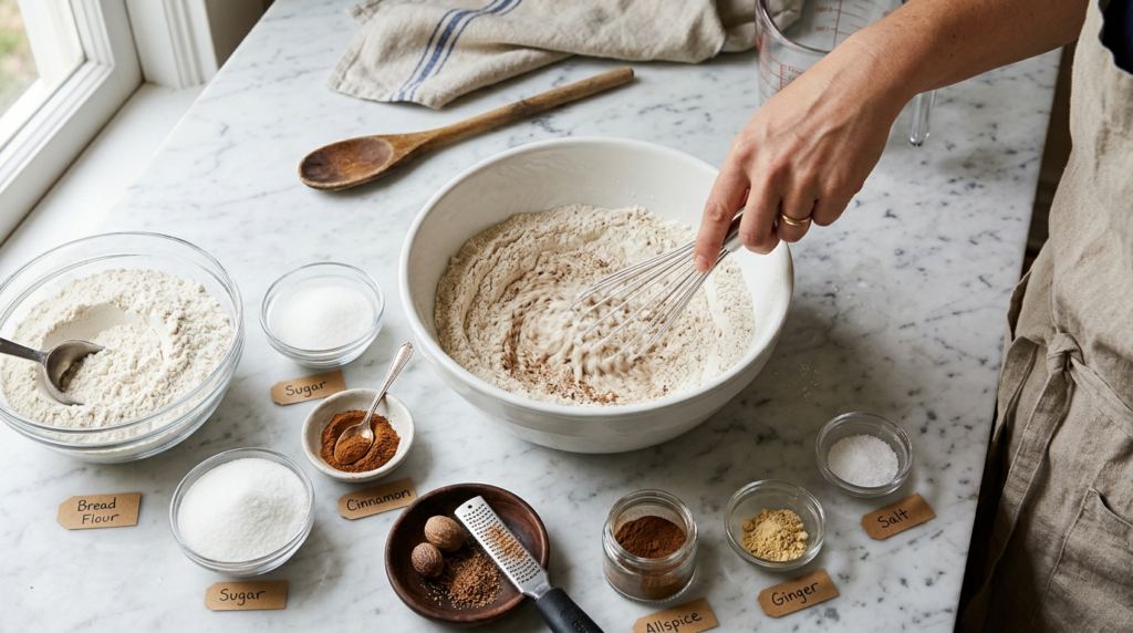 2. In a separate bowl, whisk together the bread flour, sugar, cinnamon, nutmeg, allspice, ginger, and salt.