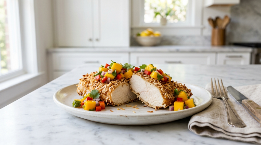8. Coconut-Crusted Chicken Breast with Mango Salsa