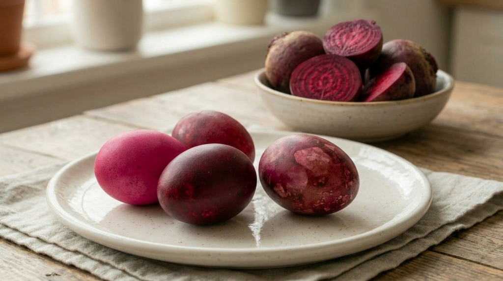 Easter eggs dyed with beets showing pink and rose-colored results