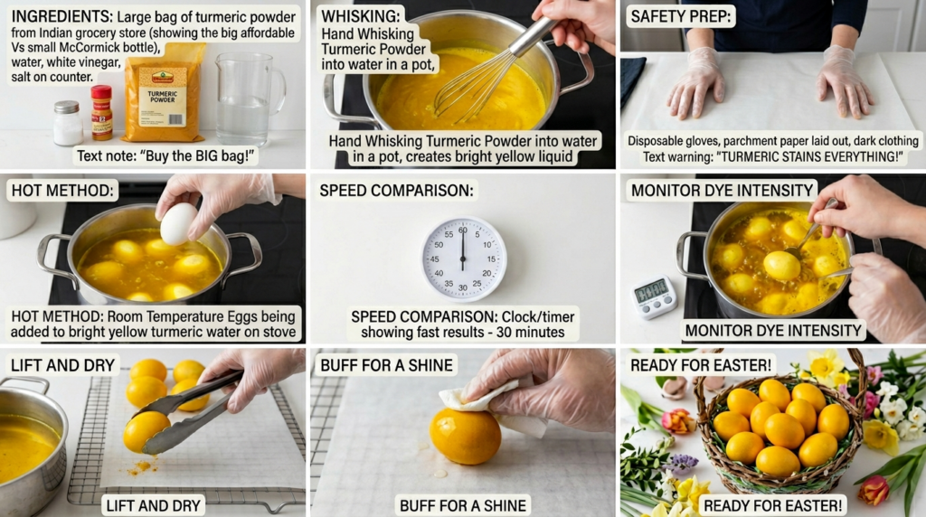 Deep golden Easter eggs after soaking in turmeric dye overnight