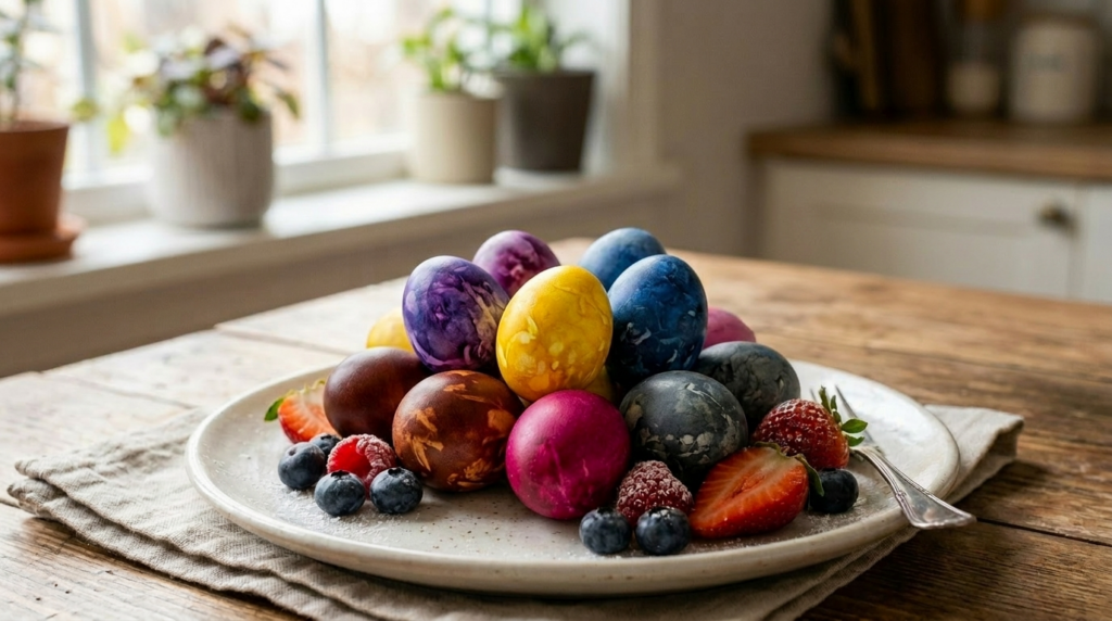 Five natural ingredients for dyeing Easter eggs: onion skins, red cabbage, turmeric, beets, and hibiscus flowers