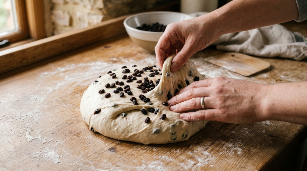 6. Flatten the dough slightly, scatter the currants over the surface, and fold and press them in gently until they're evenly distributed. This should only take about 30 seconds.