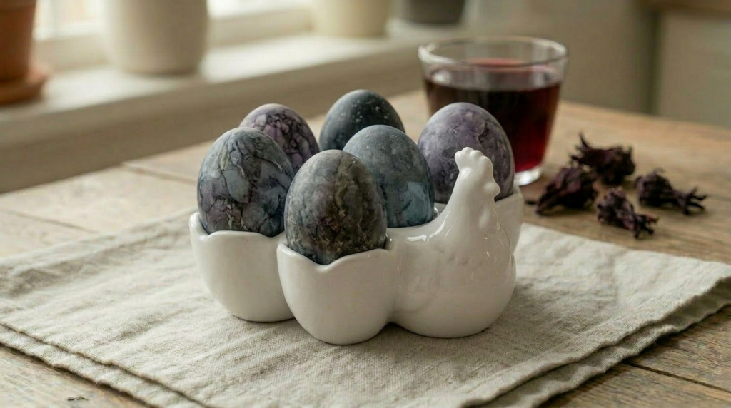 Dark graphite and smoky lavender Easter eggs dyed with hibiscus tea