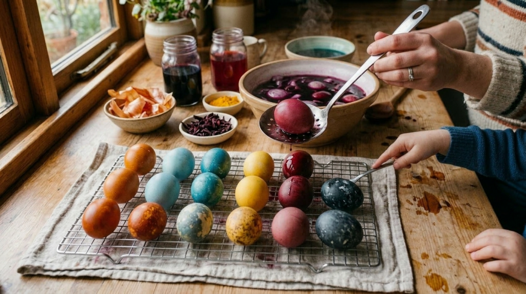 Colorful naturally dyed Easter eggs in a basket ready for display