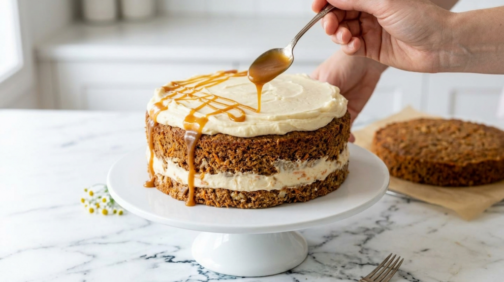 Place the first layer on a serving plate. Spread an even layer of frosting on top, followed by a light drizzle of caramel. Avoid spreading the caramel all the way to the edges to prevent it from leaking out. Repeat this process for the second layer. Place the final layer on top.