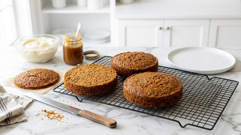 Leveling the cake layers is important for stability. If the centers have domed during baking, trim them flat with a serrated knife.