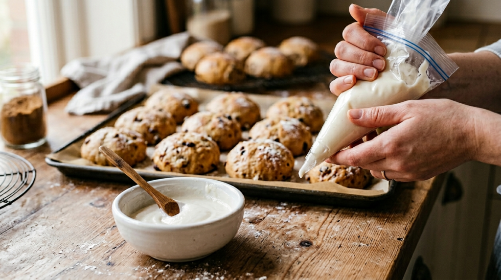 Make the cross paste by mixing the flour, sugar, and water until you get a thick, smooth paste, roughly the consistency of toothpaste. Spoon it into a zip-lock bag and snip a tiny corner off, about the width of a pencil lead.