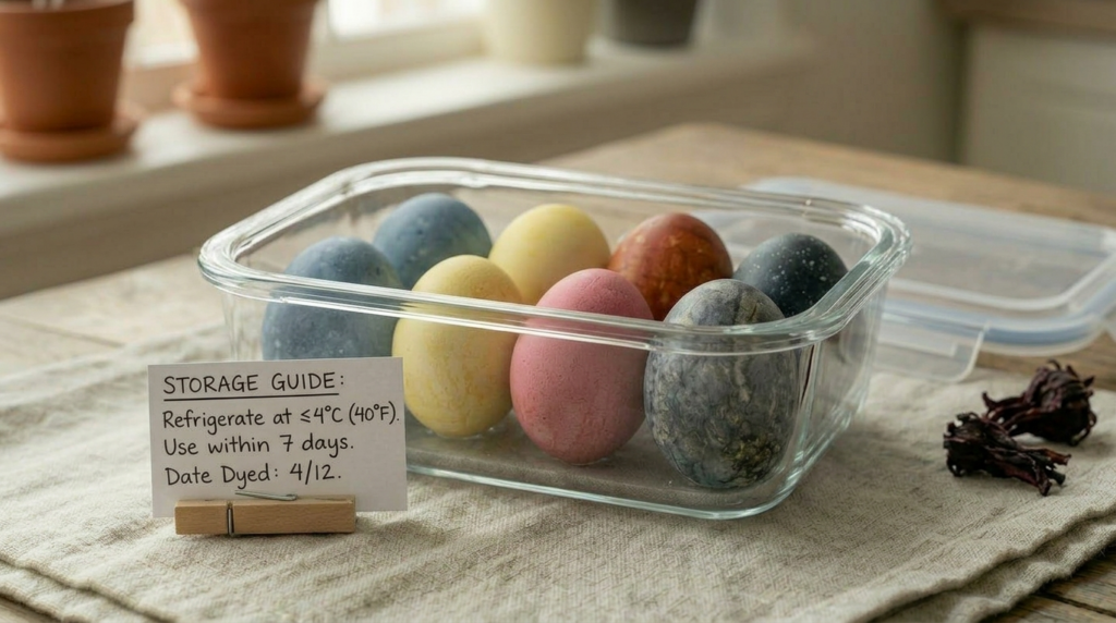Naturally dyed Easter eggs stored in a sealed container in the refrigerator