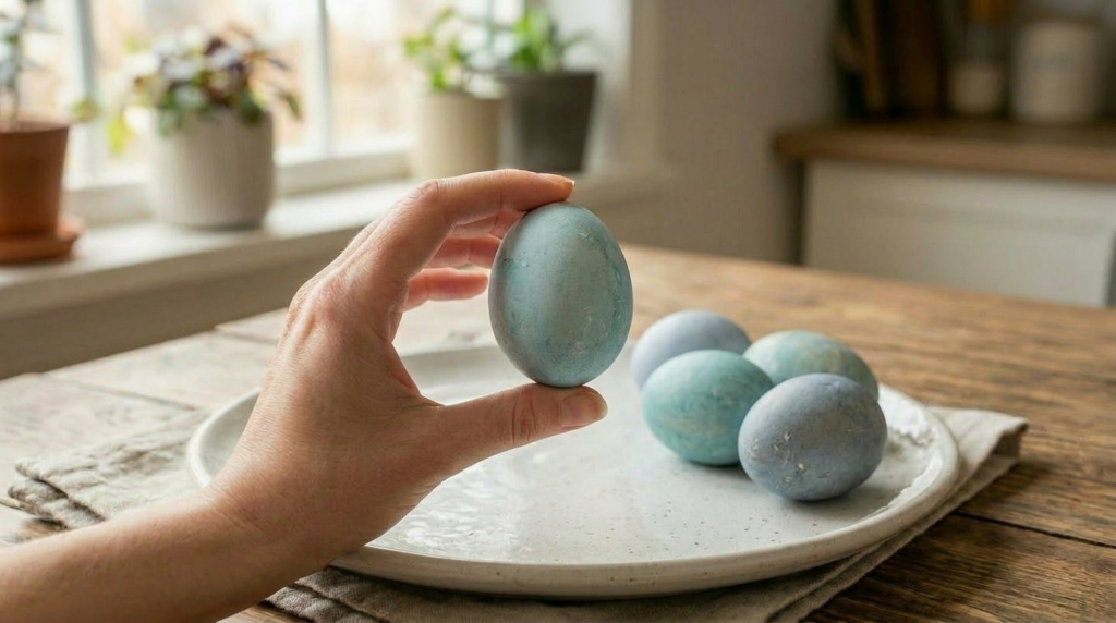 Easter eggs dyed sky blue and turquoise using red cabbage