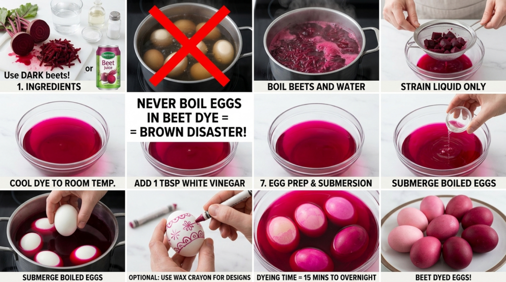 Making beet dye for Easter eggs showing the deep fuchsia liquid