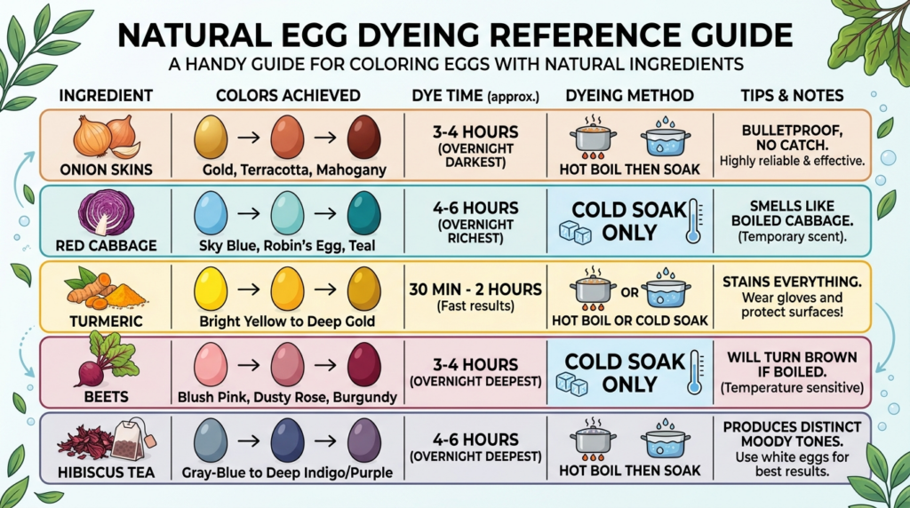 Quick reference chart for all five natural Easter egg dye methods