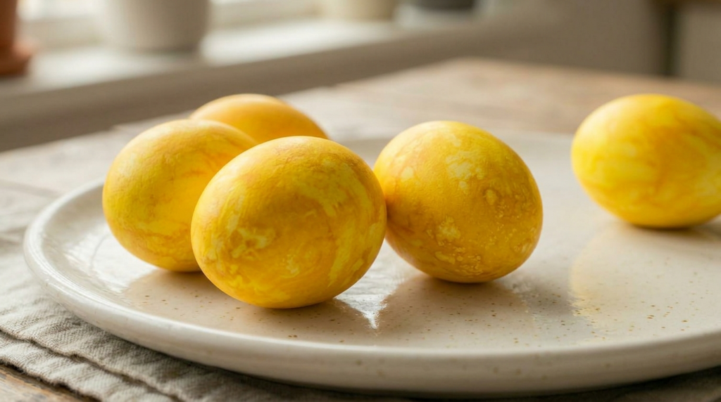 Bright sunshine yellow Easter eggs dyed with turmeric