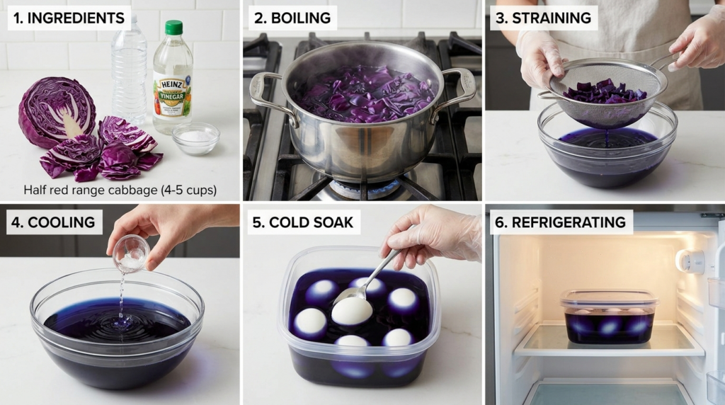 Chopped red cabbage, vinegar, and salt for natural blue egg dye