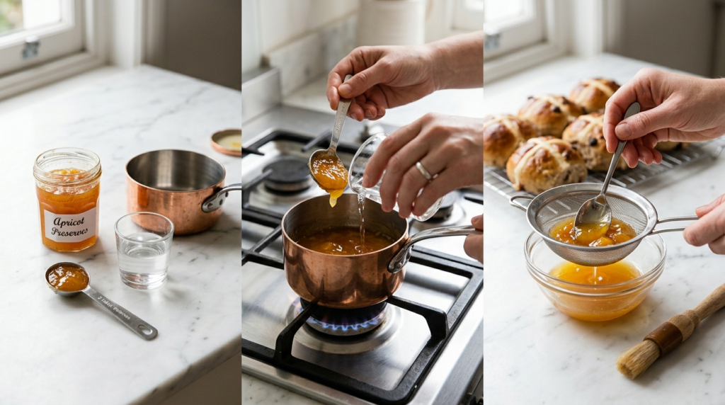 While the buns bake, heat the apricot preserves and water together in a small saucepan over low heat. Strain through a fine mesh sieve to remove any chunks.